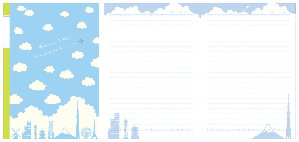 Frontia A5 notebook featuring pastel sky and Japan cityscape cover design with lined pages for writing or note-taking.