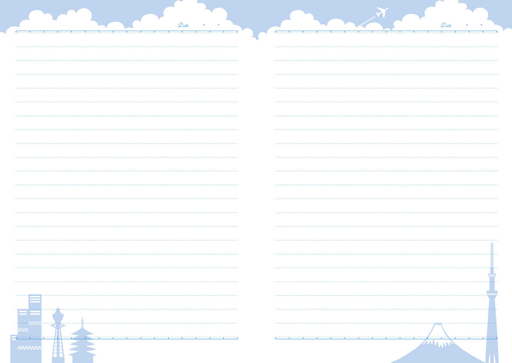 Frontia A5 notebook with pastel sky and Japan cityscape cover, featuring a soft, artistic design for note-taking and journaling.