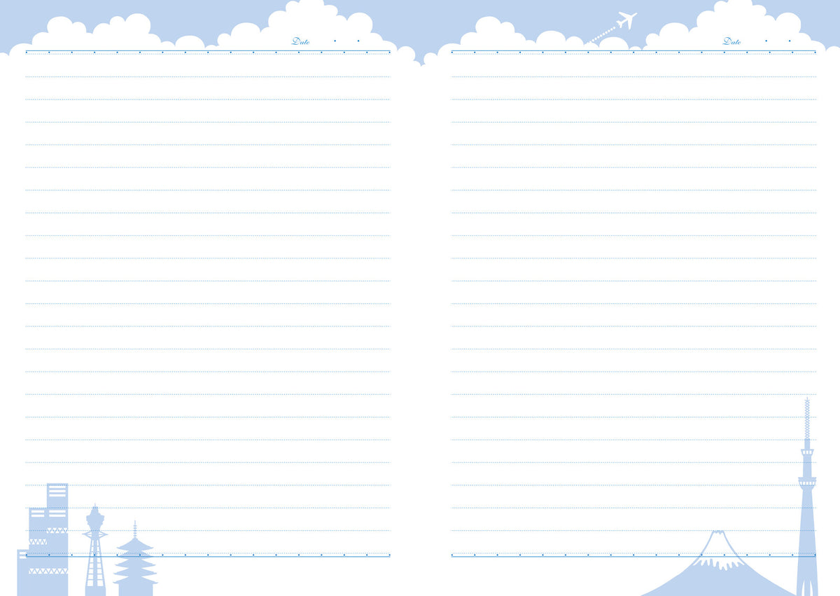 Frontia A5 notebook with pastel sky and Japan cityscape cover, featuring a soft, artistic design for note-taking and journaling.