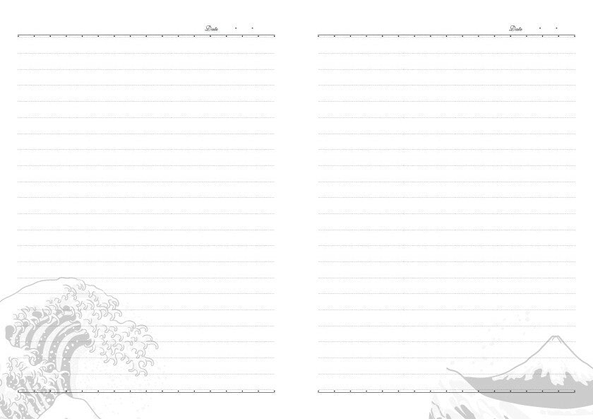Frontia A5 notebook with Fuji and wave design, featuring a hardcover, lined pages, and compact size for note-taking and journaling.