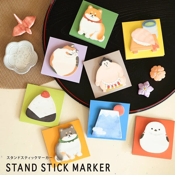 MIND WAVE sticky notes stand with onigiri-shaped stick markers, colorful paper notes for organization and note-taking.