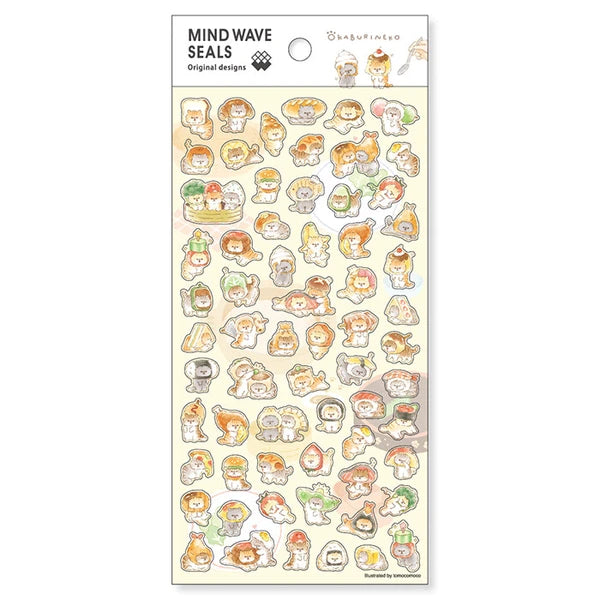 Colorful Okaburineko stickers from MIND WAVE featuring playful cat designs on a white background.