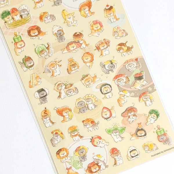 Colorful Okaburineko stickers from MIND WAVE featuring cute cat designs on glossy paper sheet for decorating notebooks and accessories.