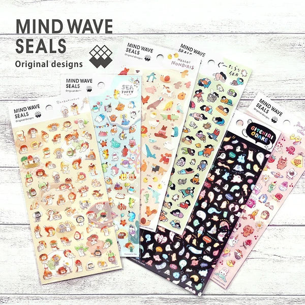 Colorful Okaburineko stickers by MIND WAVE featuring cute cat designs on a white background.