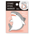 MIND WAVE Shark sticky notes stand with colorful sticky note markers for organization and note-taking on a desk.