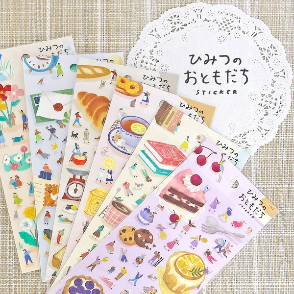 MIND WAVE Secret Friends sticker sheet featuring colorful flower pickers and secret-themed illustrations for decorating notebooks and crafts.