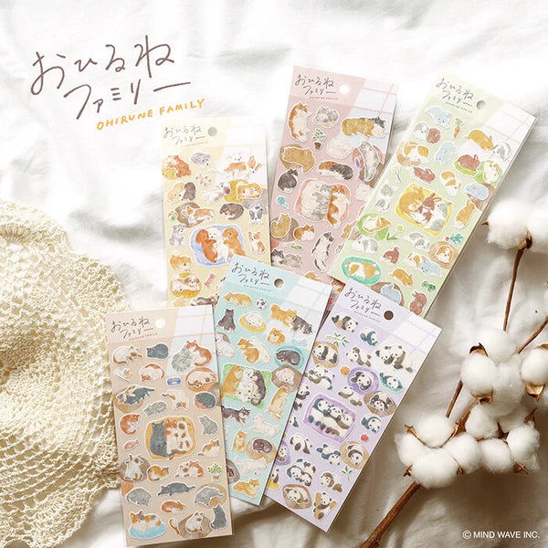 Colorful Ohirune Family Sticker set featuring Nekoyama-san characters from MIND WAVE, ideal for decorating notebooks and laptops.