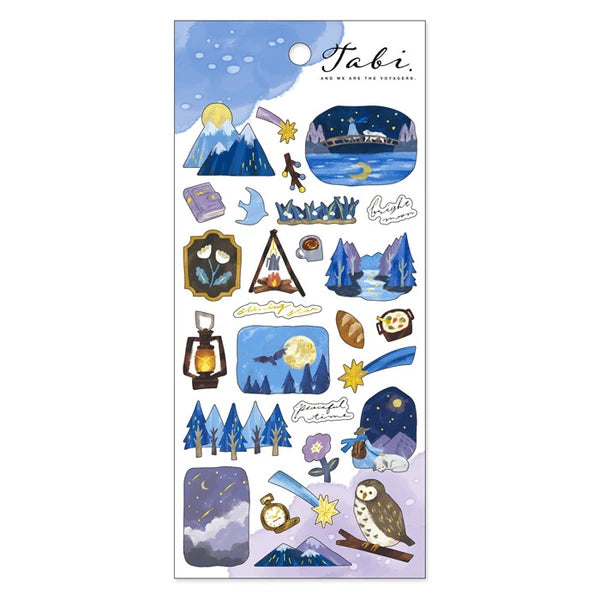 Colorful MIND WAVE Night Country stickers featuring celestial and nighttime designs on a clear sheet.