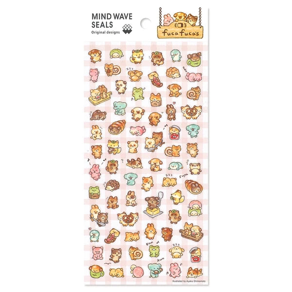 Colorful Fuca Fuca stickers from MIND WAVE featuring playful cartoon seal designs on a white background.