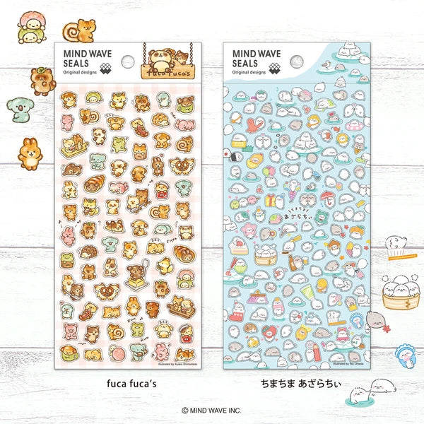 Colorful Fuca Fuca stickers from MIND WAVE, featuring playful character designs on a transparent background.