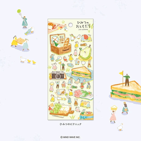 Colorful MIND WAVE Secret Picnic stickers featuring picnic-themed illustrations on a white background.