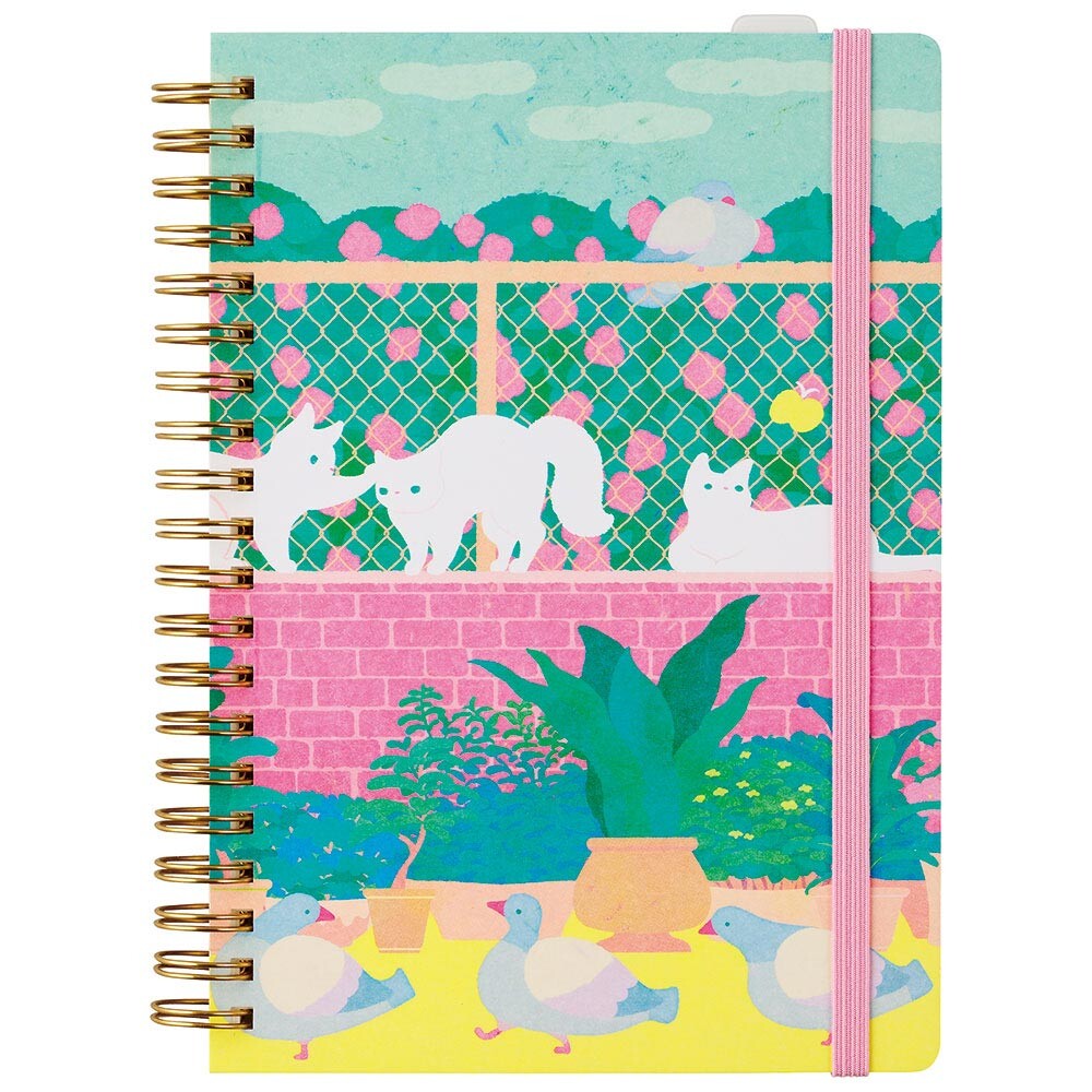 Playful cats and garden design on comic-size ring journal notebook by Zoomy BUNGU, featuring colorful stationery with whimsical illustrations.