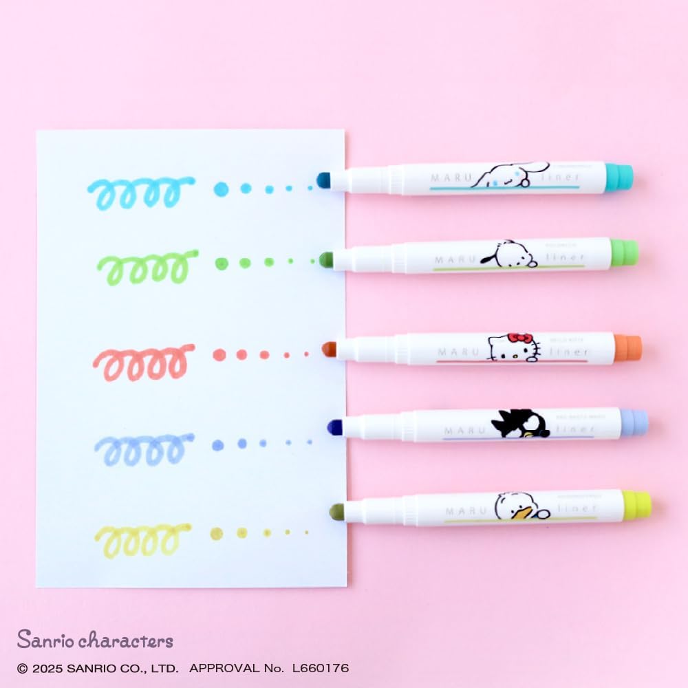 Epoch Chemical Sanrio Maru Liner Drink 5-color set of highlighters by JapanoMono, featuring colorful drink-themed stationery.