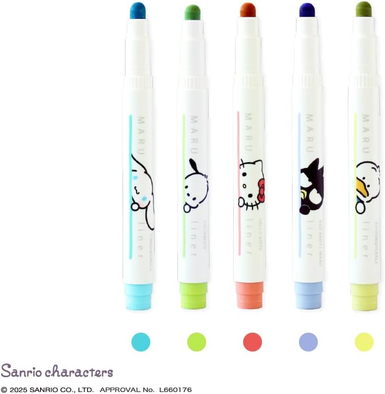 Set of five colorful highlighters from JapanoMono's Epoch Chemical Sanrio Maru Liner Drink stationery collection.