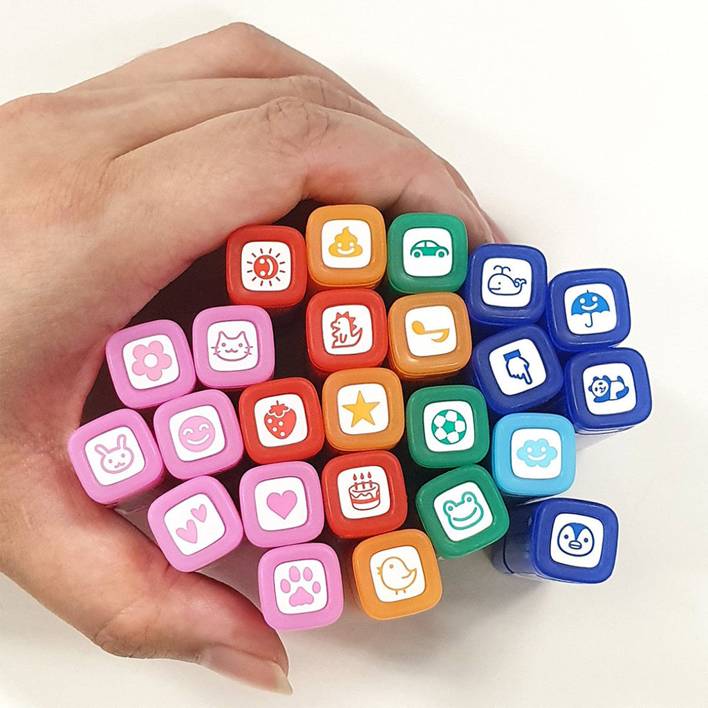 Pilot FriXion Erasable Stamps by JapanoMono, showing colorful ink stamps with various designs on a white background.
