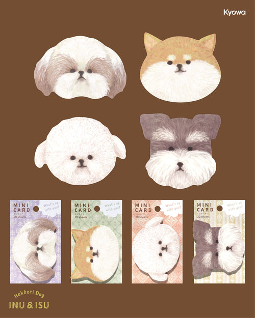 Mini Hokkori Dog Inu & Isu die-cut stationery cards by JapanoMono, featuring cute dog illustrations on white background.