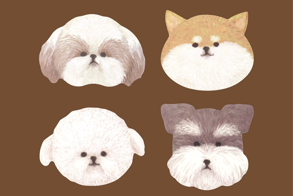Set of JapanoMono Hokkori Dog Inu and Isu die-cut mini stationery cards featuring cute dog illustrations on a white background.