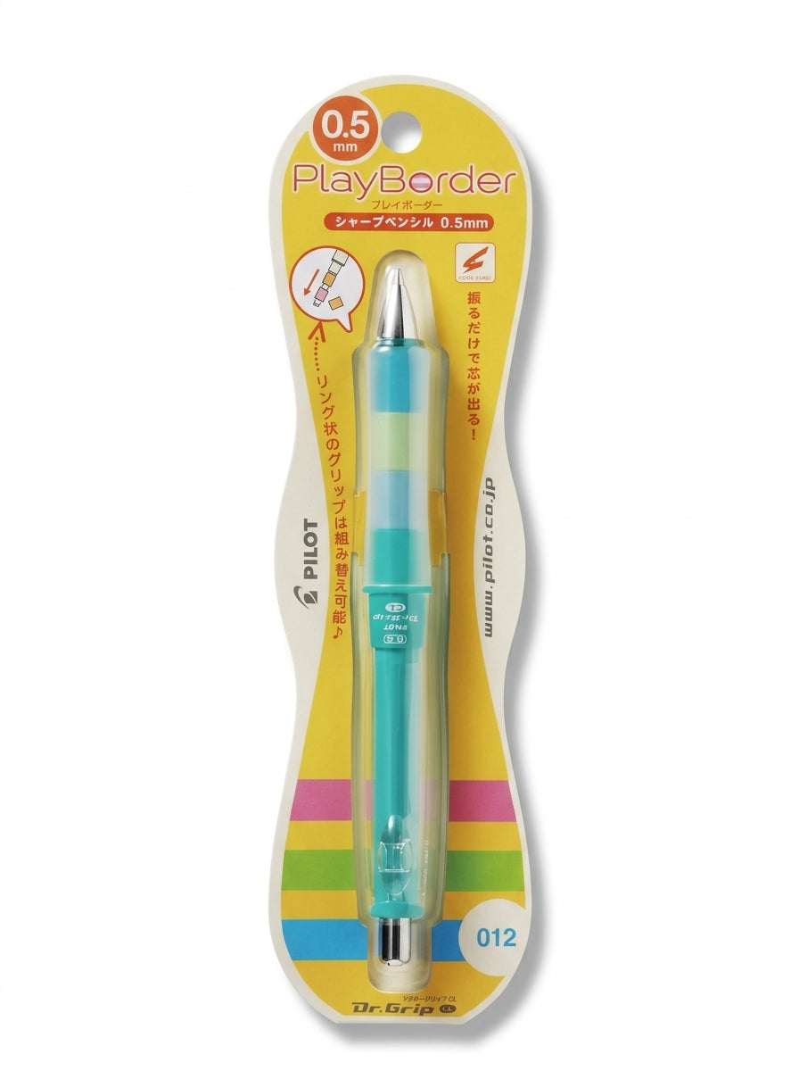 Aqua Pilot Dr. Grip CL PlayBorder 0.5mm mechanical pencil by JapanoMono, featuring ergonomic grip and colorful design.