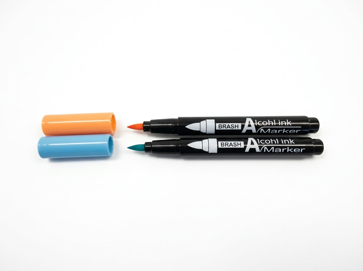 JapanoMono alcohol ink markers 2-pack in blue, gray, and brown stationery pens with chisel and fine tips.