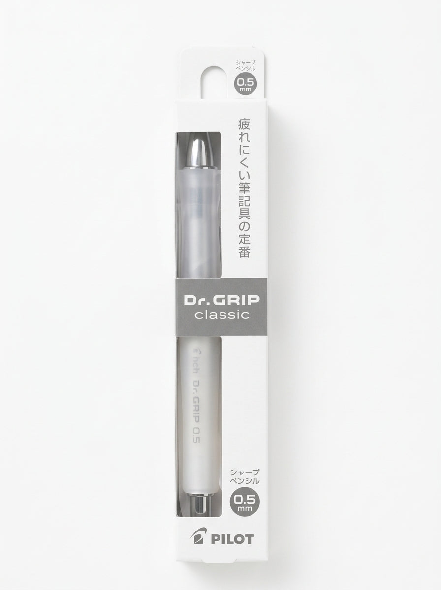 Pilot Doctor Grip Classic 0.5mm mechanical pencil in ice white with ergonomic grip, ideal for precise writing and drawing.