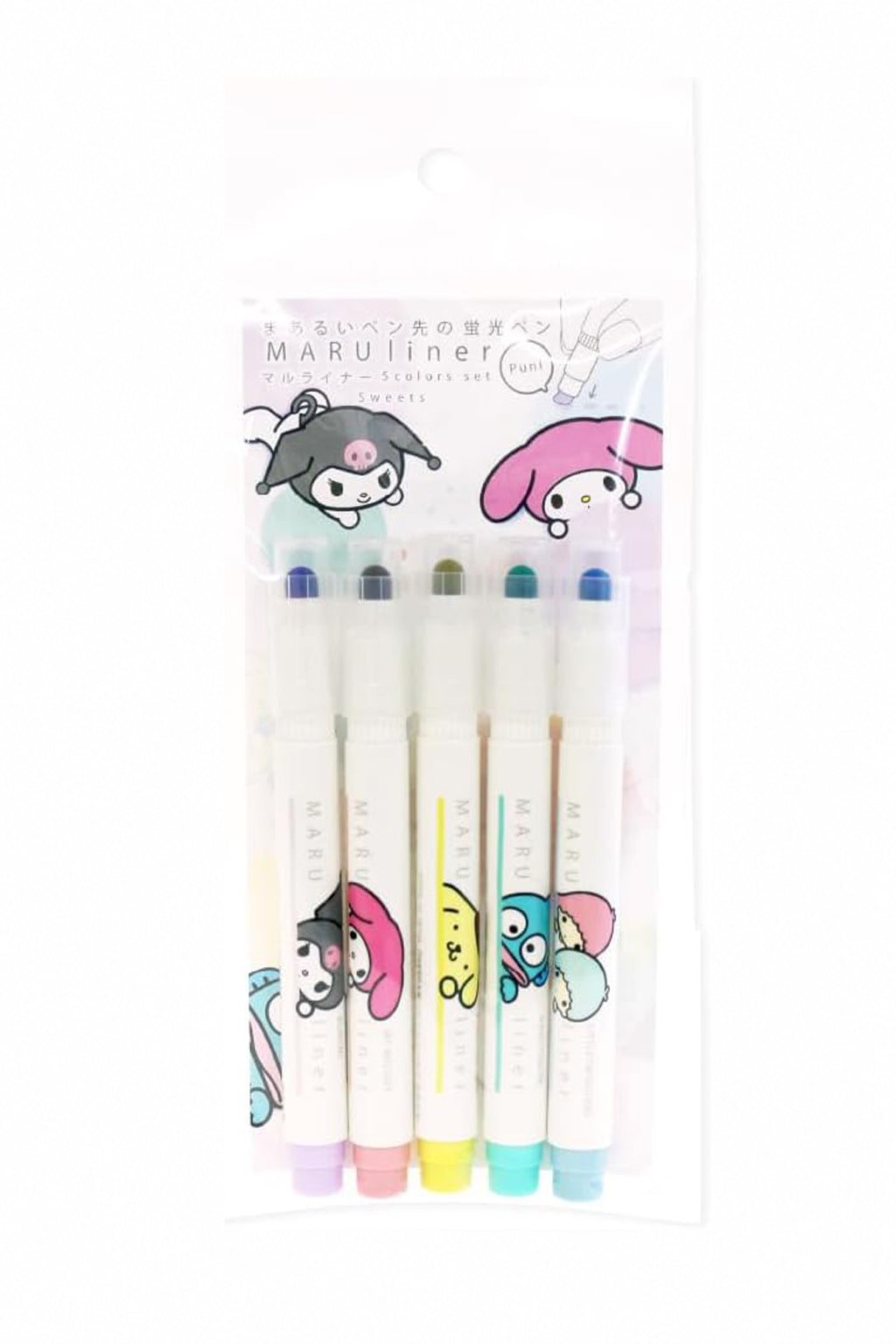 Set of five colorful highlighters from JapanoMono's Sanrio Maru Liner Sweets collection, perfect for stationery and note-taking.