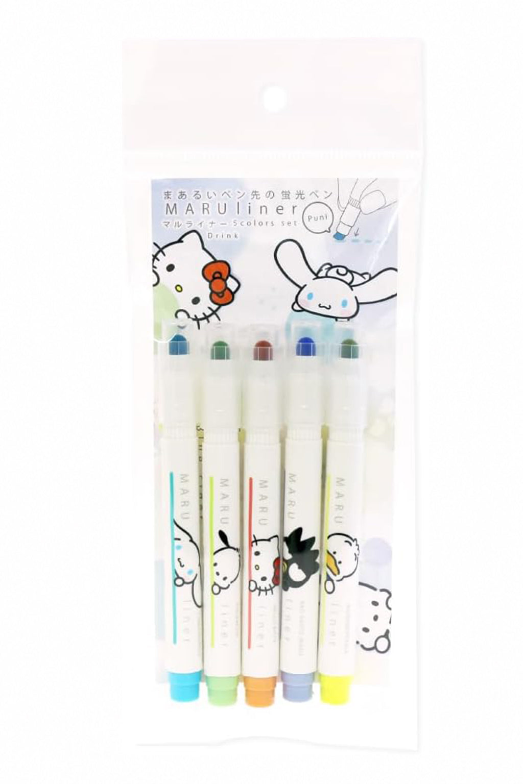 Epoch Chemical Sanrio Highlighters Maru Liner Drink 5-color set featuring colorful highlighter pens from JapanoMono.
