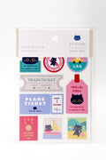 Set of 54 travel-themed Neko die-cut stickers including journal, boarding pass, and luggage tag designs by JapanoMono.