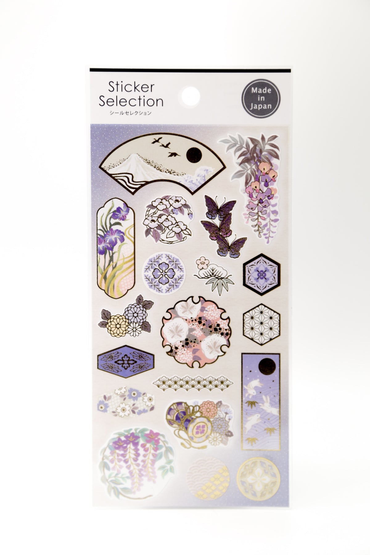 Japanese traditional Wisteria, Mount Fuji, and gold foil botanical stickers by JapanoMono, featuring detailed floral and mountain designs.