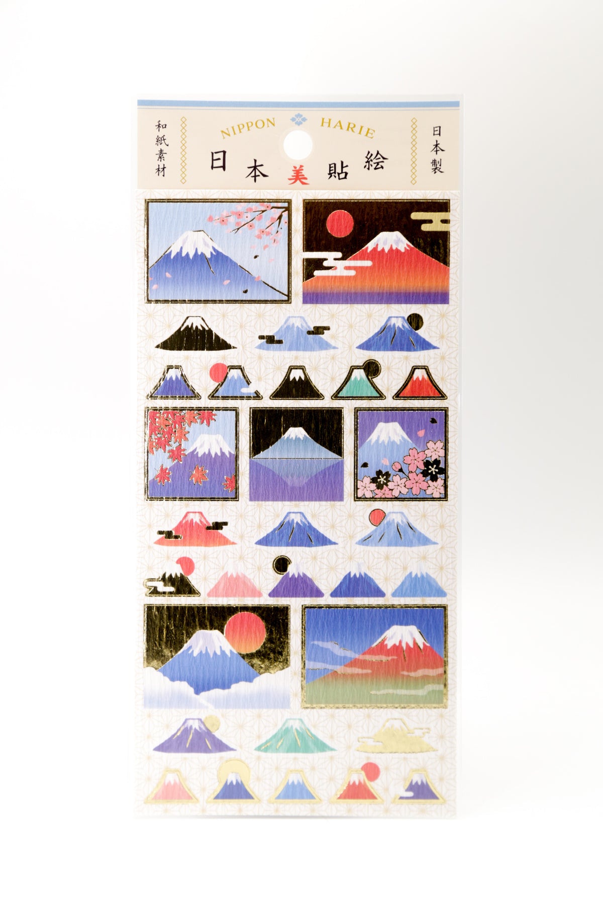 Japanese Mount Fuji stickers featuring four seasons and sunrise, showcasing vibrant mountain and sunrise scenery in colorful decals.