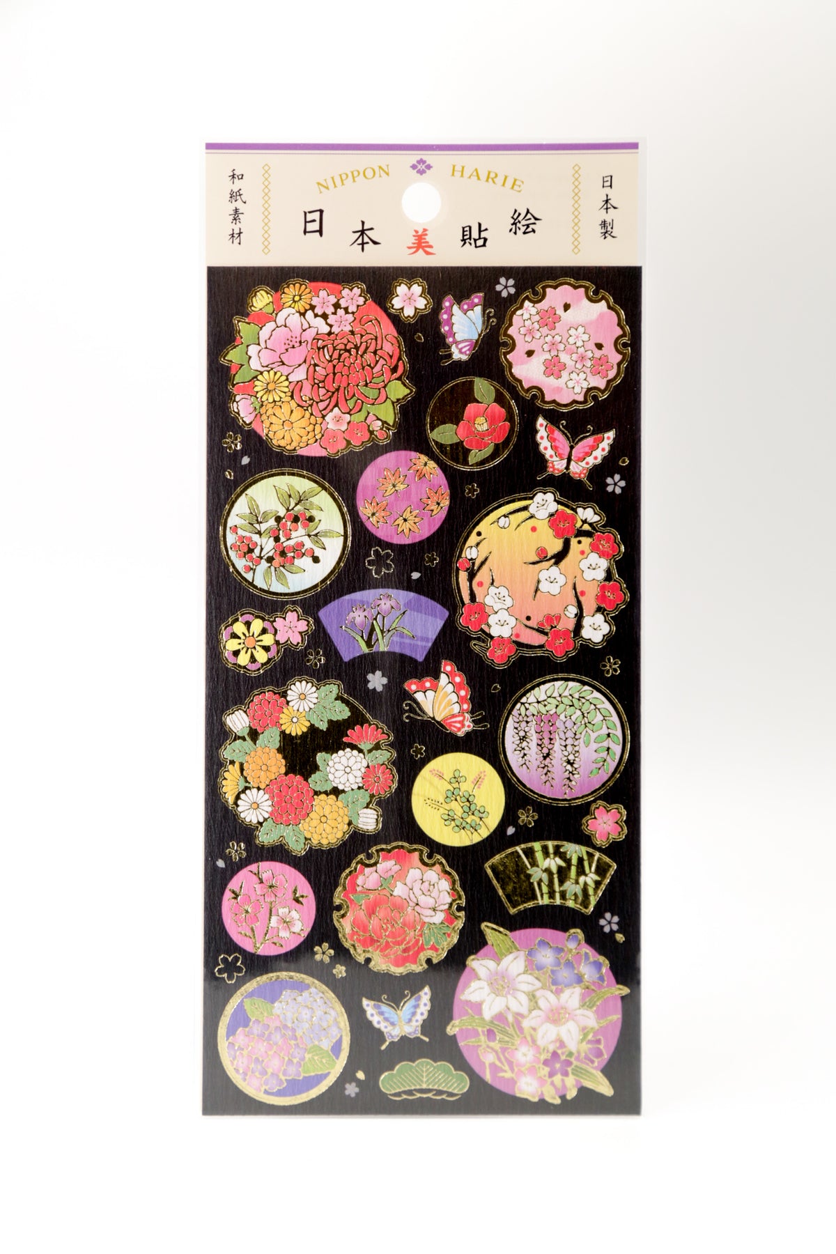 Japanese floral and botanical gold foil stickers by JapanoMono, featuring traditional Japanese emblems and intricate floral designs.