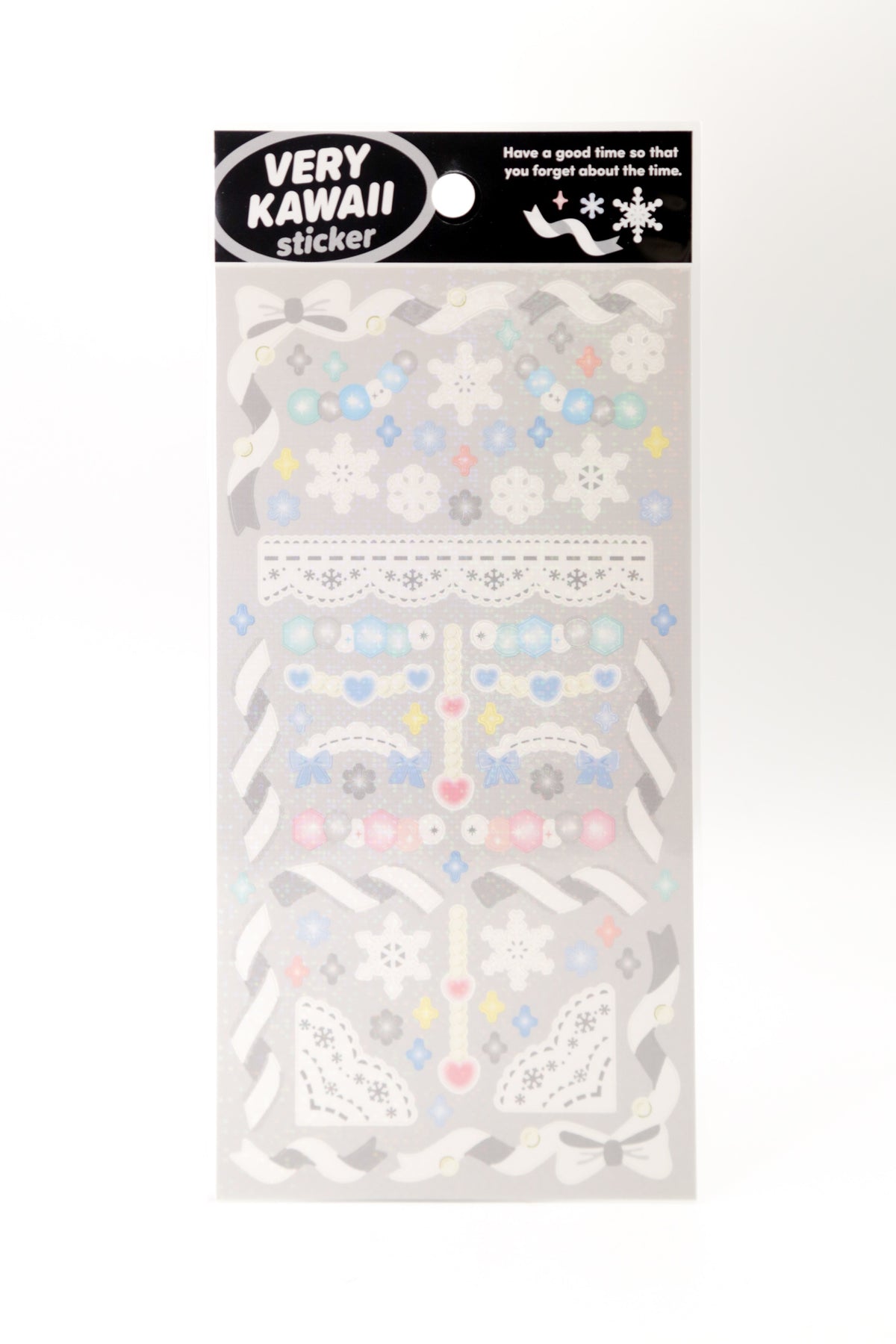 Set of winter-themed stickers featuring snowflake lace designs and pastel ribbons, perfect for decorating crafts and stationery.