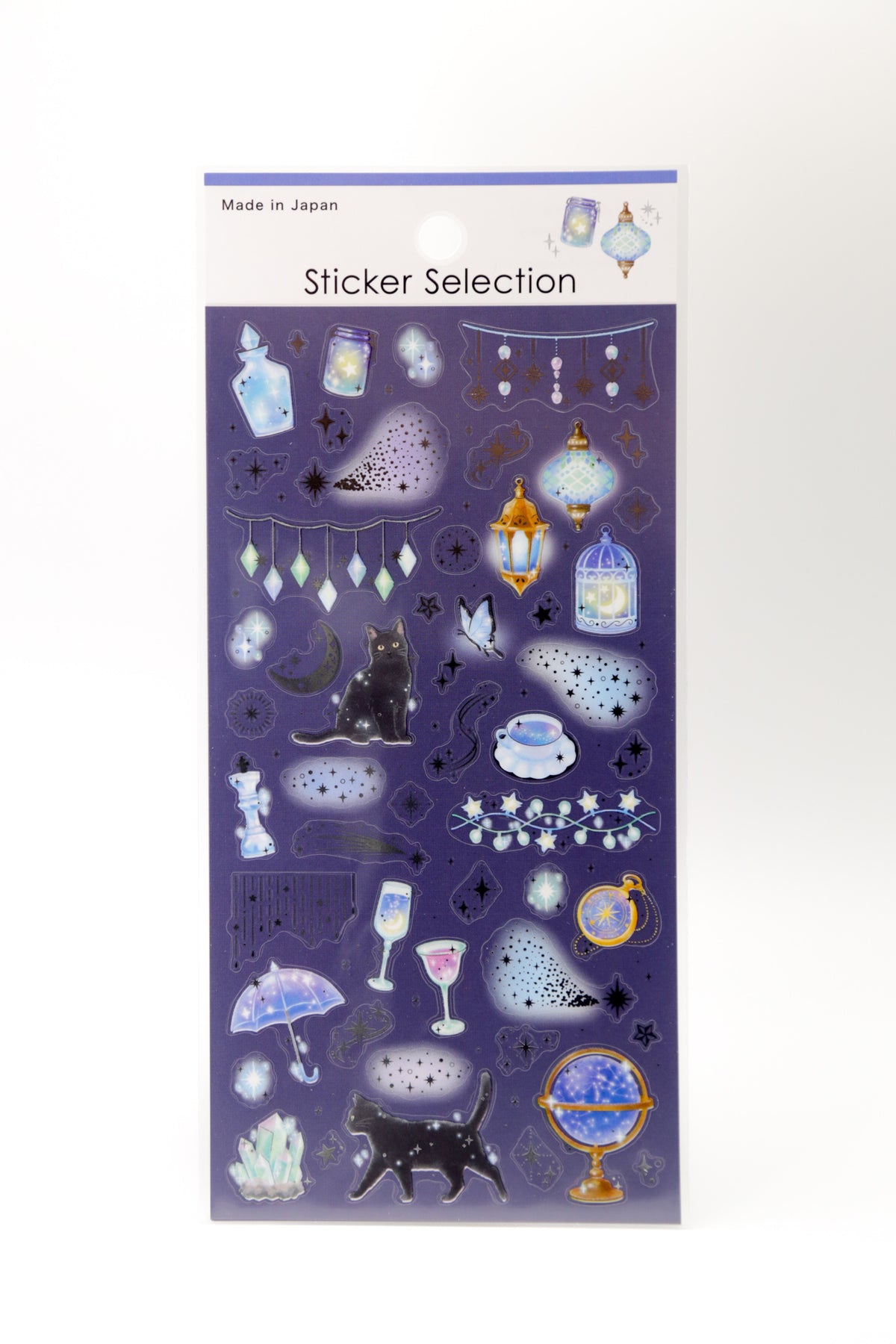 Black cat and magic lantern stickers featuring celestial night sky designs by JapanoMono, perfect for decorating notebooks and accessories.