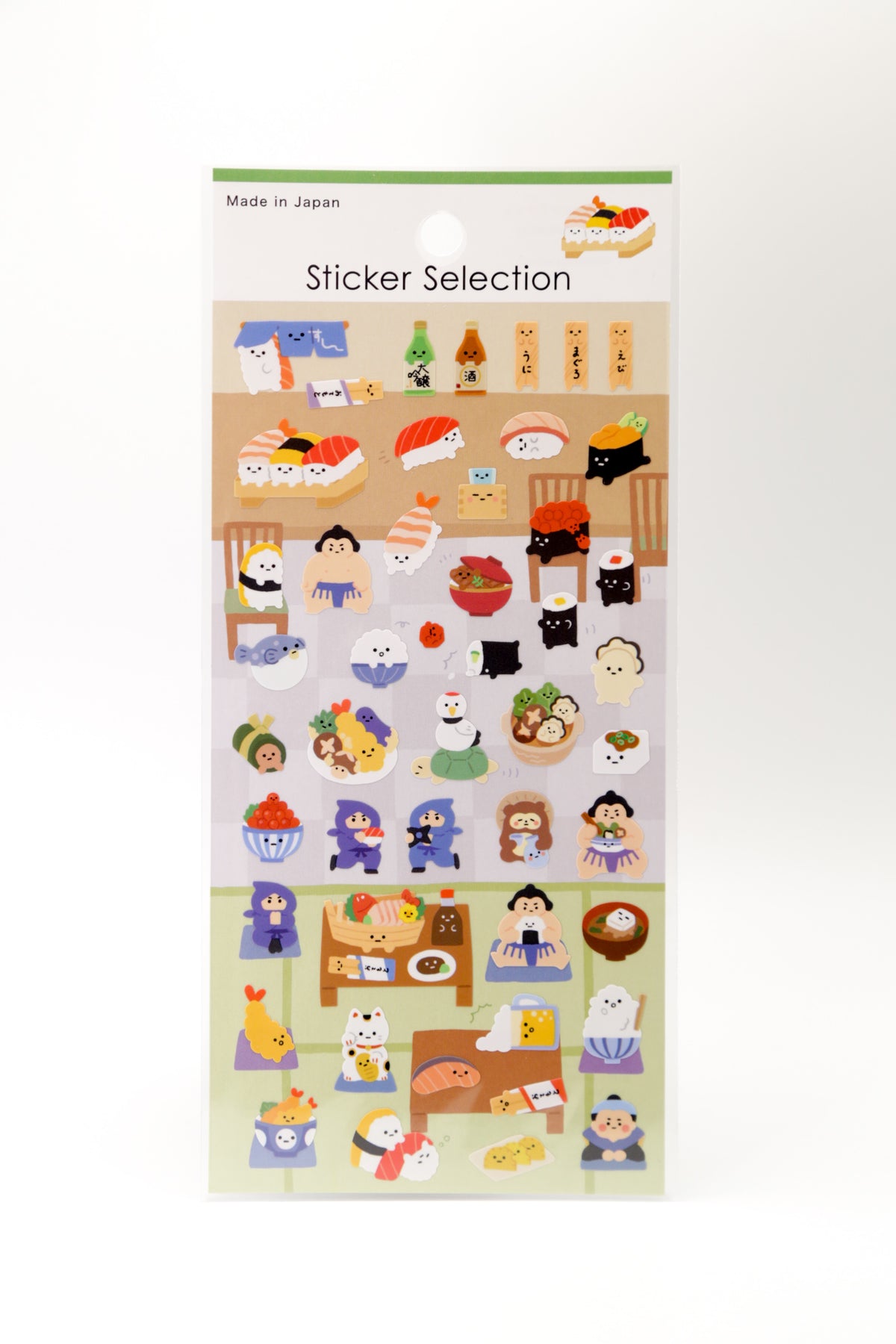 Set of JapanoMono sushi and Japanese cuisine stickers featuring colorful illustrations of sushi rolls, sashimi, and traditional dishes.