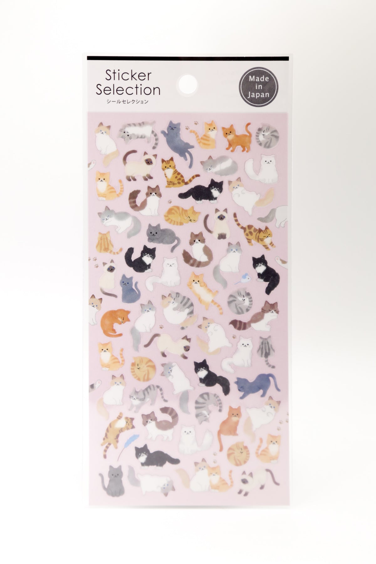 Pink stickers featuring fluffy Siamese and playful cat breeds from JapanoMono, showcasing colorful, cute cat illustrations.