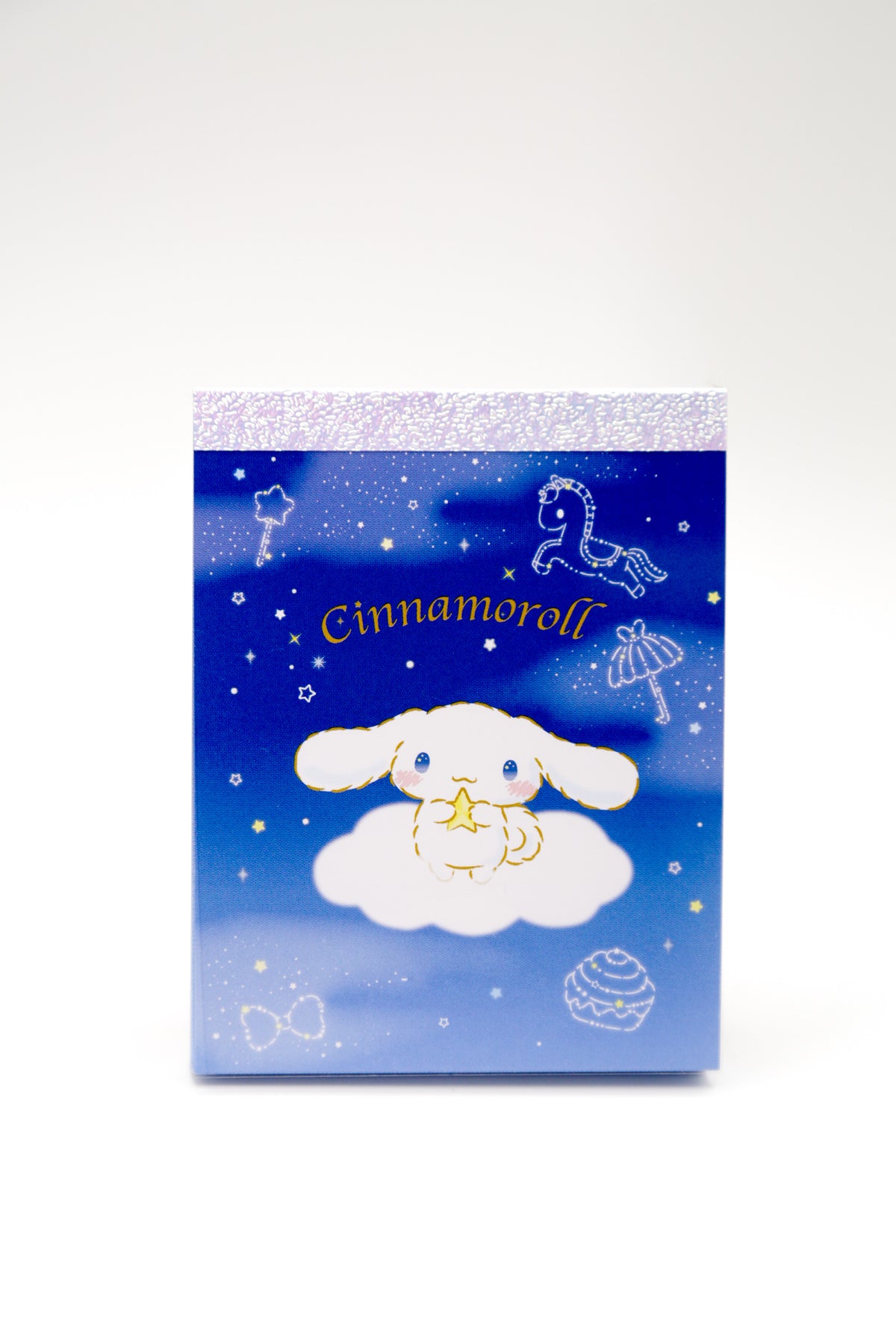 Sanrio Cinnamoroll Starry Night mini memo pad showing cute Cinnamoroll character with starry sky design, JapanoMono stationery.
