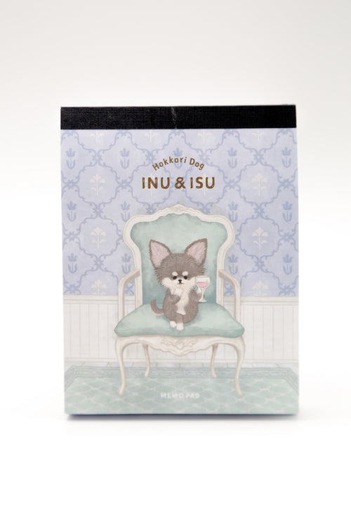 Hokkori Dog Inu & Isu mini memo pad by JapanoMono, featuring cute dog illustrations on stationery pages.