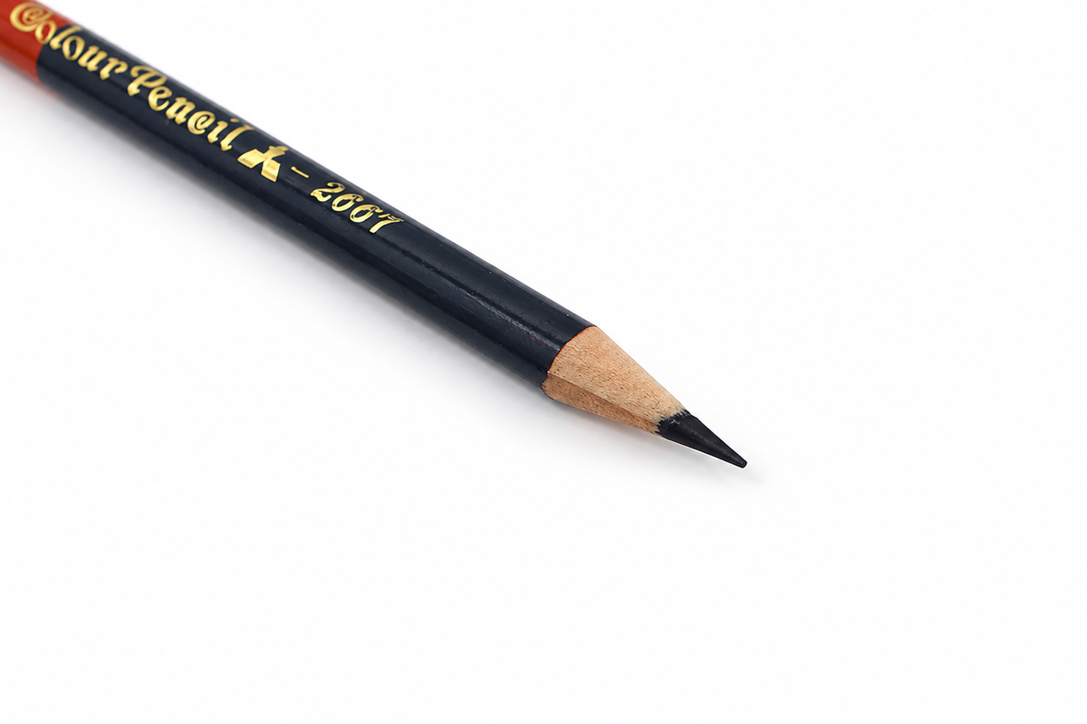 Uni Mitsubishi colour pencil in vermillion and Prussian blue, JapanoMono brand, shown with vibrant pencil tips and colorful barrel details.