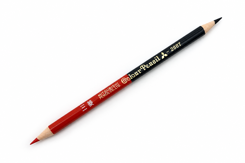 Uni Mitsubishi colour pencil set featuring Vermillion and Prussian Blue by JapanoMono, shown on a plain white background.