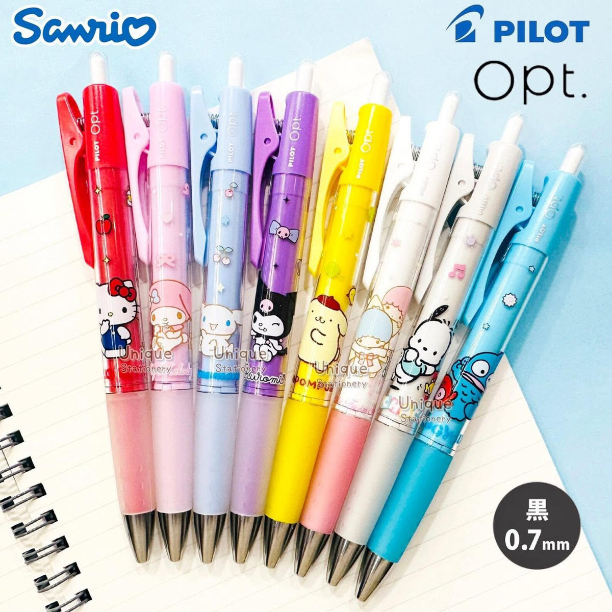 Black ink ballpoint pen with Sanrio characters, JapanoMono Pilot Opt. 0.7mm stationery, featuring colorful character designs.