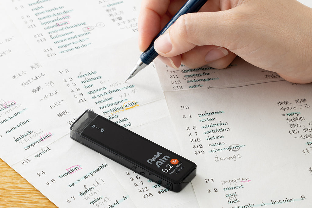 Close-up of Pentel Ain 0.5mm mechanical pencil lead refill pack with 40 high-strength smooth polymer graphite leads.