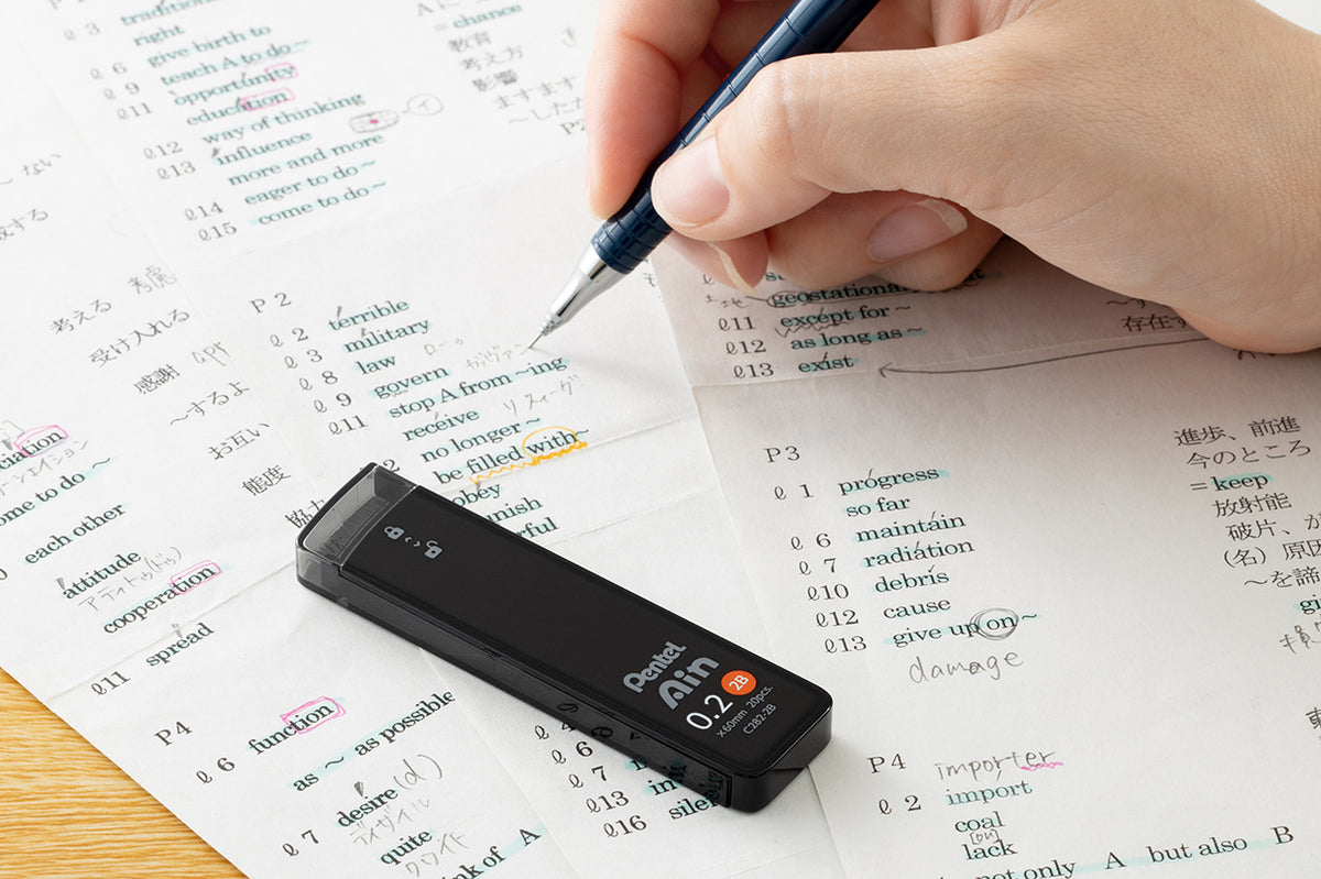 Close-up of Pentel Ain 0.5mm mechanical pencil lead refill pack with 40 high-strength smooth polymer graphite leads.