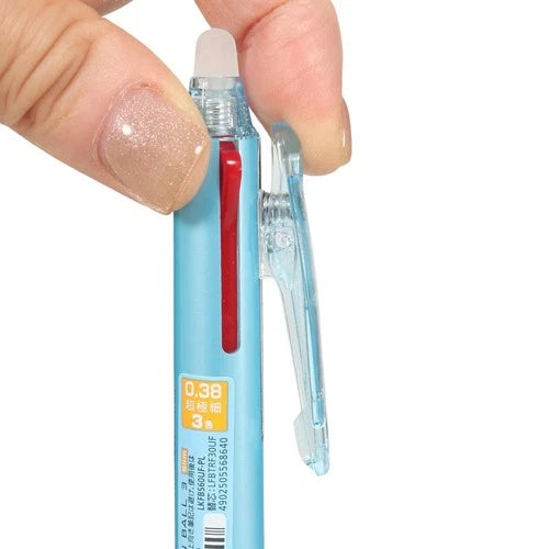 Pilot FRIXION BALL 3 Slim erasable pens with 0.38mm tips in three colors, shown with their sleek pens and color caps.