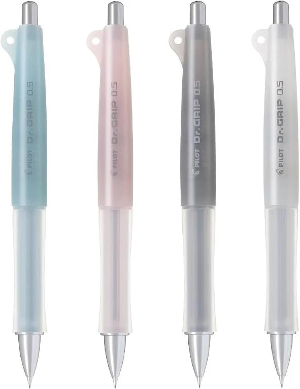 JapanoMono Pilot Doctor Grip Classic 0.5mm mechanical pencil in ice white with ergonomic grip and sleek stationery design.