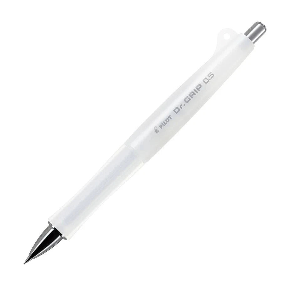 Ice white Pilot Doctor Grip Classic 0.5mm mechanical pencil by JapanoMono, featuring ergonomic design for comfortable writing.