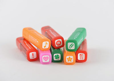 JapanoMono Pilot FriXion Erasable Stamps in a set, featuring colorful ink stamps with reusable, erasable designs for crafting and organization.